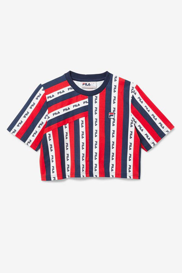 Fila Mudra Striped Crop Women's Tee - Navy/White/Red,NZ 635-47850